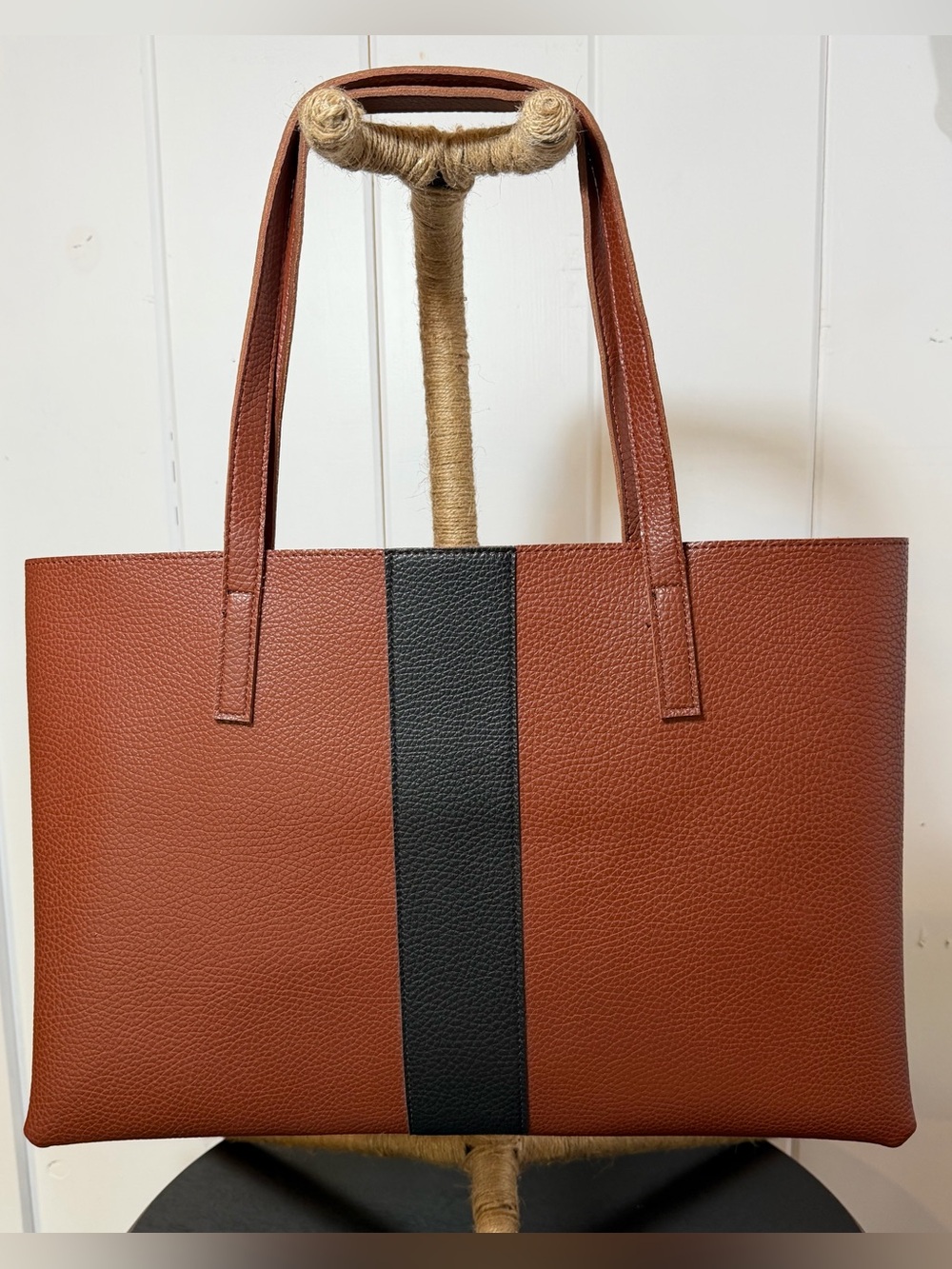 Vince Camuto Luck Tote Brown Vegan Leather Large Work Bag Black Stripe